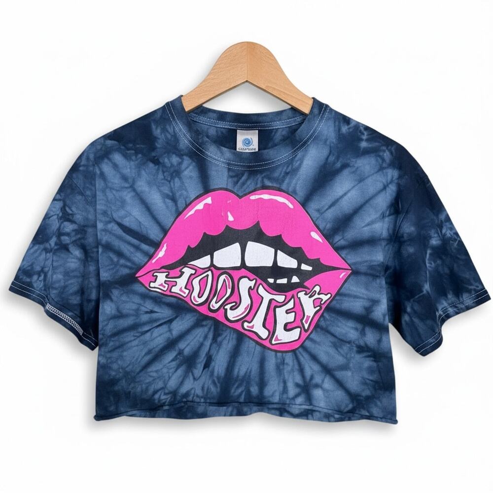 Hoosier Biting Lip Women's Medium Blue Cropped Tie-Dye 100% Cotton T-Shirt